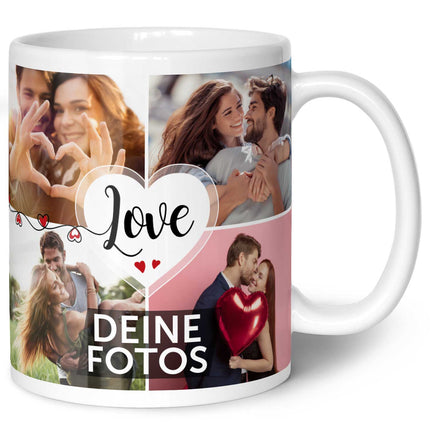 SEO. Bedruckte Tasse mit dem Spruch Love und acht eigenen Fotos - Weiß Linkreich