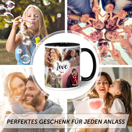SEO. Bedruckte Tasse mit dem Spruch Love und acht eigenen Fotos - Schwarz & Weiß Linkreich