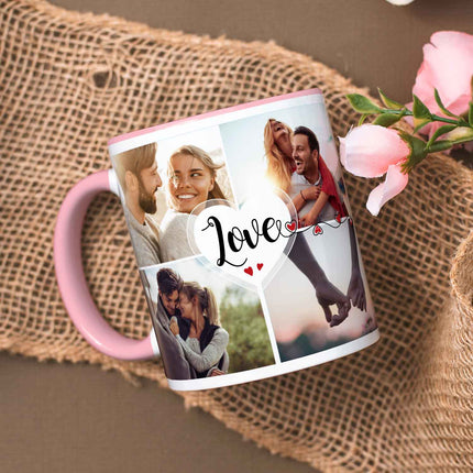 SEO. Bedruckte Tasse mit dem Spruch Love und acht eigenen Fotos - Rosa Linkreich
