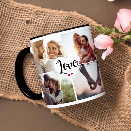 SEO. Bedruckte Tasse mit dem Spruch Love und acht eigenen Fotos - Schwarz & Weiß Linkreich