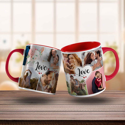 SEO. Bedruckte Tasse mit dem Spruch Love und acht eigenen Fotos - Rot Linkreich