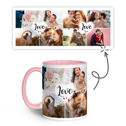 SEO. Bedruckte Tasse mit dem Spruch Love und acht eigenen Fotos - Rosa Linkreich