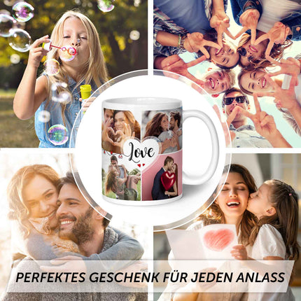 SEO. Bedruckte Tasse mit dem Spruch Love und acht eigenen Fotos - Weiß Linkreich