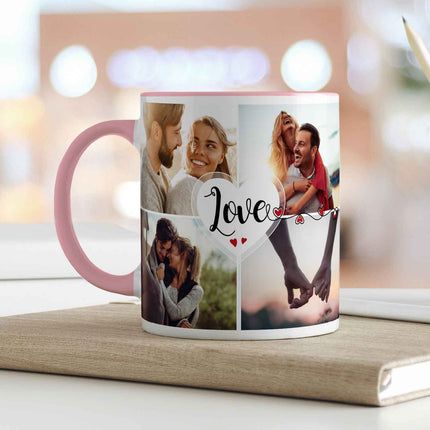 SEO. Bedruckte Tasse mit dem Spruch Love und acht eigenen Fotos - Weiß Linkreich