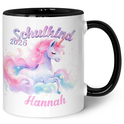 SEO. Bedruckte Tasse mit Einschulung magisches Einhorn Motiv - personalisiert mit Name - Schwarz & Weiß Linkreich
