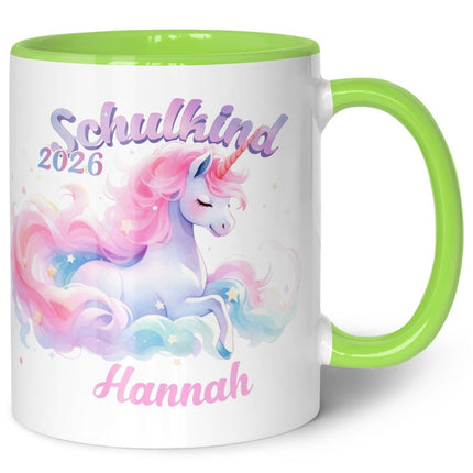 SEO. Bedruckte Tasse mit Einschulung magisches Einhorn Motiv - personalisiert mit Name - Hellgrün Linkreich