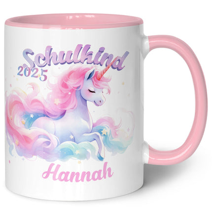 SEO. Bedruckte Tasse mit Einschulung magisches Einhorn Motiv - personalisiert mit Name - Rosa Linkreich