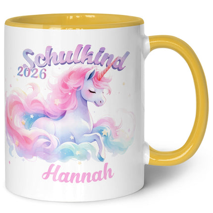 SEO. Bedruckte Tasse mit Einschulung magisches Einhorn Motiv - personalisiert mit Name - Gelb Linkreich