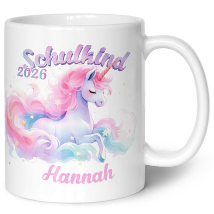 SEO. Bedruckte Tasse mit Einschulung magisches Einhorn Motiv - personalisiert mit Name - Weiß Linkreich