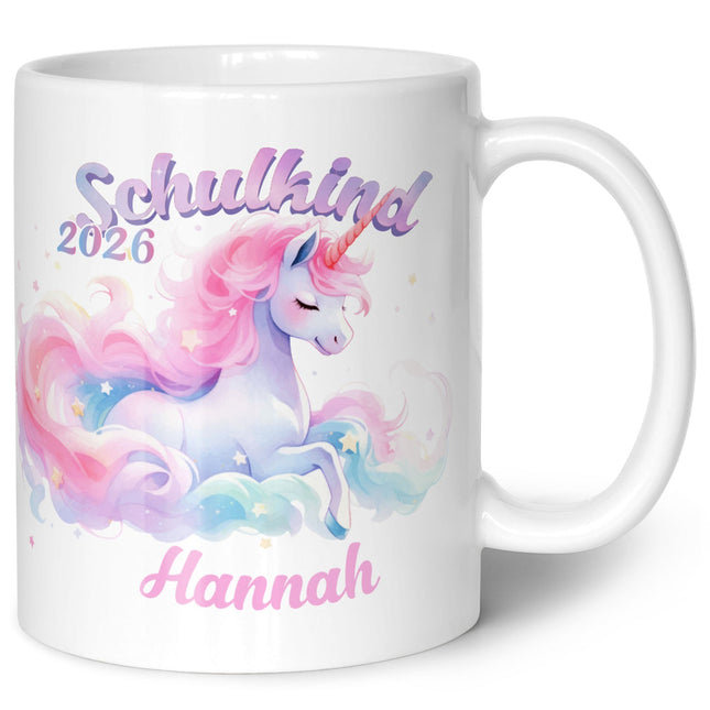 SEO. Bedruckte Tasse mit Einschulung magisches Einhorn Motiv - personalisiert mit Name - Weiß Linkreich