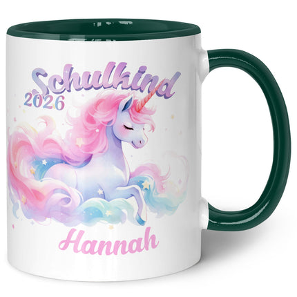 SEO. Bedruckte Tasse mit Einschulung magisches Einhorn Motiv - personalisiert mit Name - Dunkelgrün Linkreich