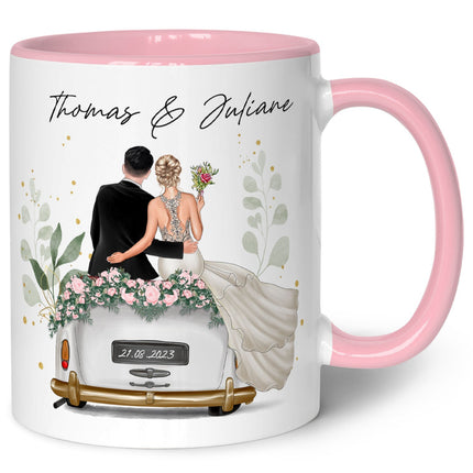 SEO. Bedruckte Tasse mit Konfiguration - Hochzeitsauto mit eigenem Brautpaar - Rosa Linkreich