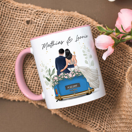 SEO. Bedruckte Tasse mit Konfiguration - Hochzeitsauto mit eigenem Brautpaar - Weiß Linkreich