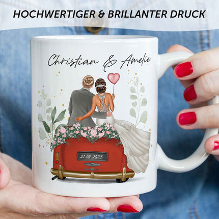 SEO. Bedruckte Tasse mit Konfiguration - Hochzeitsauto mit eigenem Brautpaar - Orange Linkreich