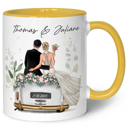 SEO. Bedruckte Tasse mit Konfiguration - Hochzeitsauto mit eigenem Brautpaar - Gelb Linkreich