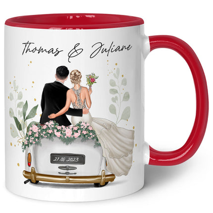 SEO. Bedruckte Tasse mit Konfiguration - Hochzeitsauto mit eigenem Brautpaar - Rot Linkreich