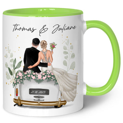 SEO. Bedruckte Tasse mit Konfiguration - Hochzeitsauto mit eigenem Brautpaar - Hellgrün Linkreich
