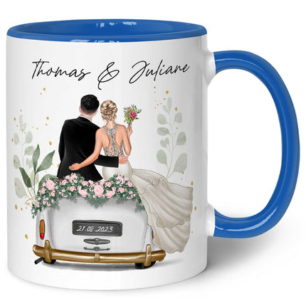 SEO. Bedruckte Tasse mit Konfiguration - Hochzeitsauto mit eigenem Brautpaar - Blau Linkreich