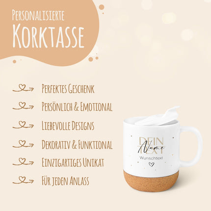 SEO. Bedruckte Tasse mit Korksockel & Deckel - Wunschtext V2 - Linkreich