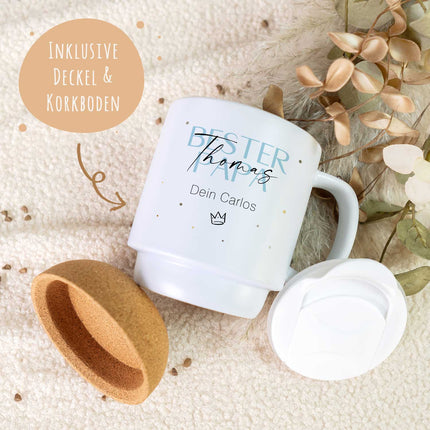 SEO. Bedruckte Tasse mit Korksockel & Deckel - Wunschtext V2 - Linkreich