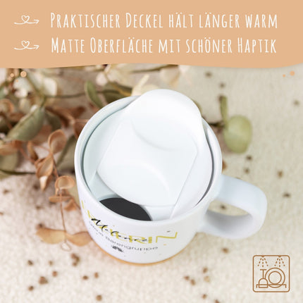 SEO. Bedruckte Tasse mit Korksockel & Deckel - Wunschtext V2 - Linkreich