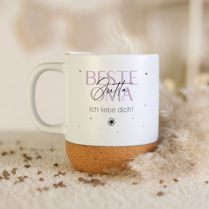 SEO. Bedruckte Tasse mit Korksockel & Deckel - Wunschtext V2 - Linkreich