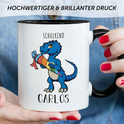 SEO. Bedruckte Tasse mit Motiv Einschulung Dino - Rot Linkreich
