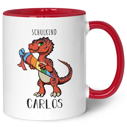 SEO. Bedruckte Tasse mit Motiv Einschulung Dino - Rot Linkreich