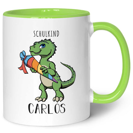 SEO. Bedruckte Tasse mit Motiv Einschulung Dino - Hellgrün Linkreich