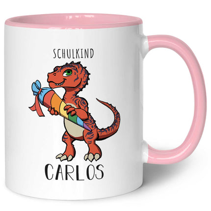 SEO. Bedruckte Tasse mit Motiv Einschulung Dino - Rosa Linkreich