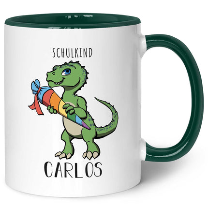 SEO. Bedruckte Tasse mit Motiv Einschulung Dino - Dunkelgrün Linkreich
