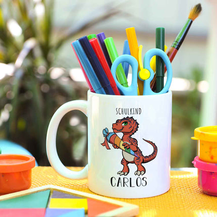 SEO. Bedruckte Tasse mit Motiv Einschulung Dino - Rot Linkreich