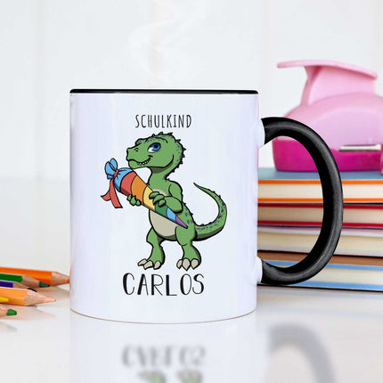 SEO. Bedruckte Tasse mit Motiv Einschulung Dino - Weiß Linkreich
