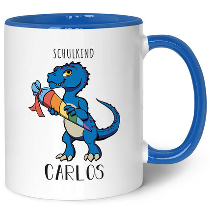 SEO. Bedruckte Tasse mit Motiv Einschulung Dino - Blau Linkreich
