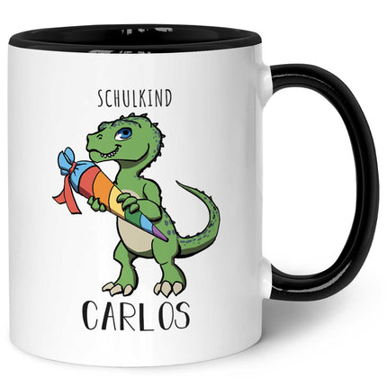 SEO. Bedruckte Tasse mit Motiv Einschulung Dino - Schwarz & Weiß Linkreich