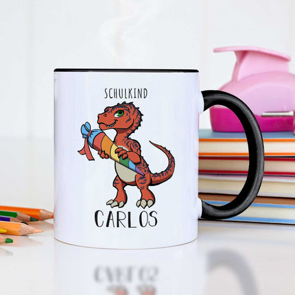 SEO. Bedruckte Tasse mit Motiv Einschulung Dino - Rot Linkreich
