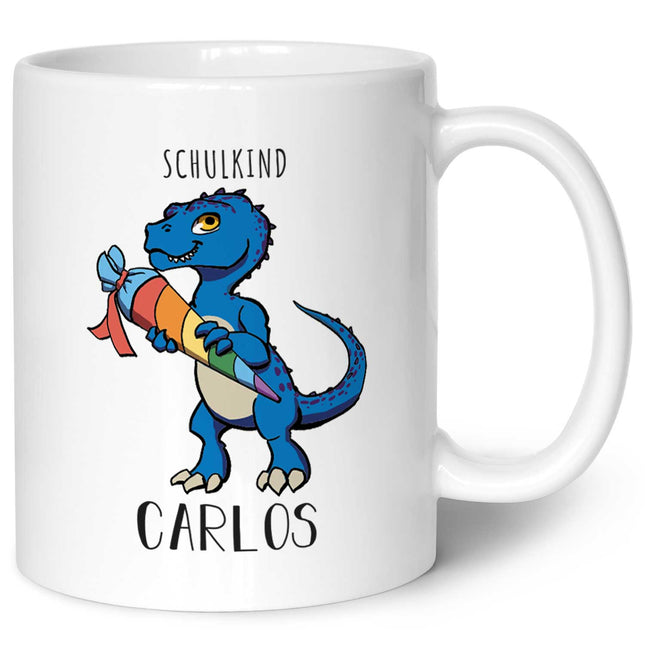 SEO. Bedruckte Tasse mit Motiv Einschulung Dino - Weiß Linkreich