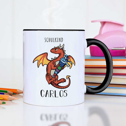 SEO. Bedruckte Tasse mit Motiv - Einschulung Drache - Rot - Schwarz & Weiß Linkreich
