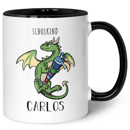 SEO. Bedruckte Tasse mit Motiv - Einschulung Drache - Grün - Schwarz & Weiß Linkreich