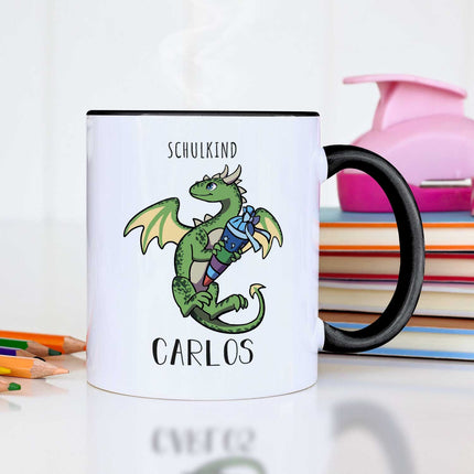 SEO. Bedruckte Tasse mit Motiv - Einschulung Drache - Grün - Schwarz & Weiß Linkreich