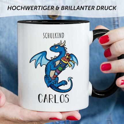 SEO. Bedruckte Tasse mit Motiv - Einschulung Drache - Blau - Schwarz & Weiß Linkreich