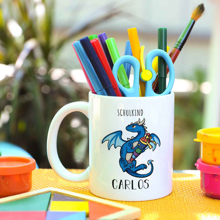 SEO. Bedruckte Tasse mit Motiv - Einschulung Drache - Blau - Weiß Linkreich