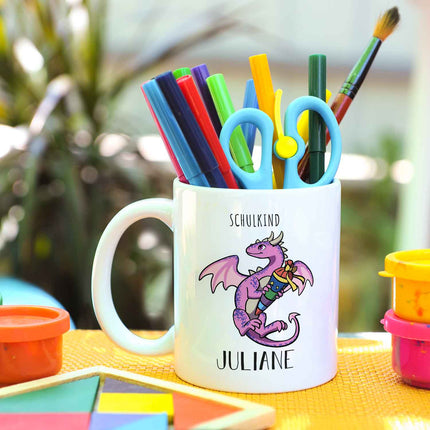 SEO. Bedruckte Tasse mit Motiv - Einschulung Drache - Rosa - Weiß Linkreich
