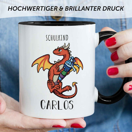SEO. Bedruckte Tasse mit Motiv - Einschulung Drache - Rot - Schwarz & Weiß Linkreich