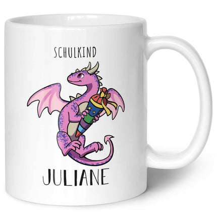 SEO. Bedruckte Tasse mit Motiv - Einschulung Drache - Rosa - Weiß Linkreich