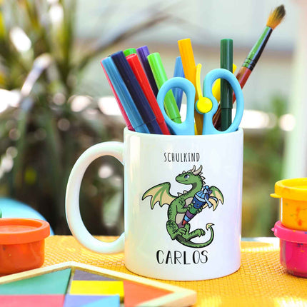 SEO. Bedruckte Tasse mit Motiv - Einschulung Drache - Grün - Weiß Linkreich