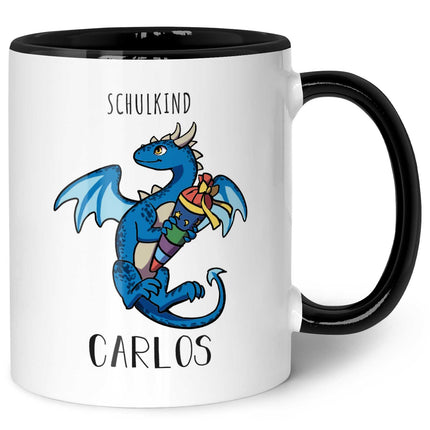 SEO. Bedruckte Tasse mit Motiv - Einschulung Drache - Blau - Schwarz & Weiß Linkreich