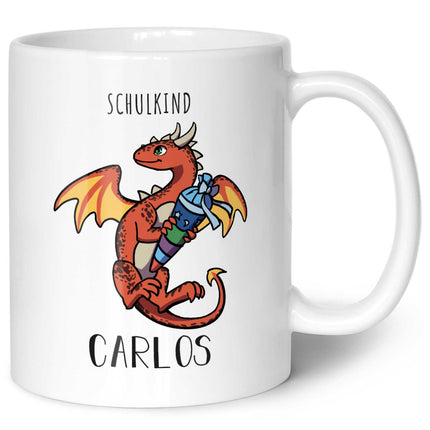SEO. Bedruckte Tasse mit Motiv - Einschulung Drache - Rot - Weiß Linkreich