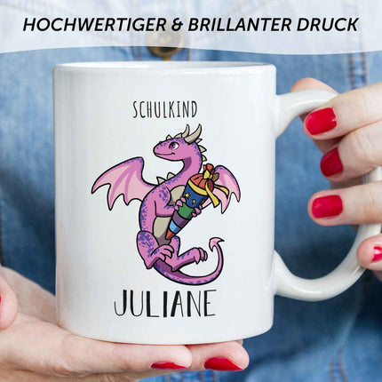 SEO. Bedruckte Tasse mit Motiv - Einschulung Drache - Rosa - Weiß Linkreich