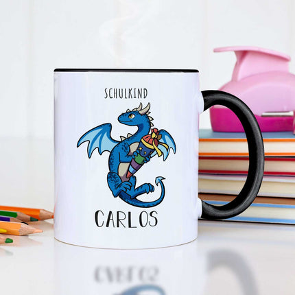 SEO. Bedruckte Tasse mit Motiv - Einschulung Drache - Blau - Weiß Linkreich